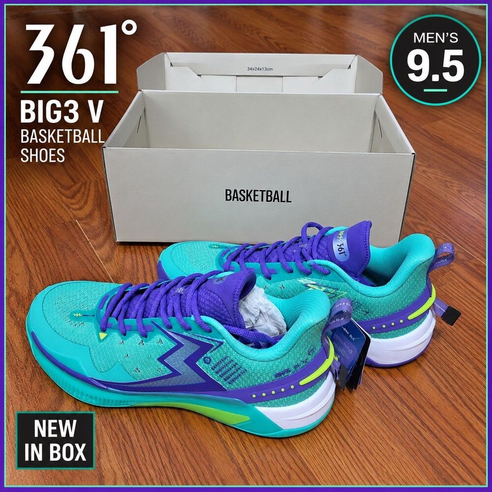 361 Degrees BIG3 V Light Up Basketball Shoes Green Purple Men's 9.5 NIB